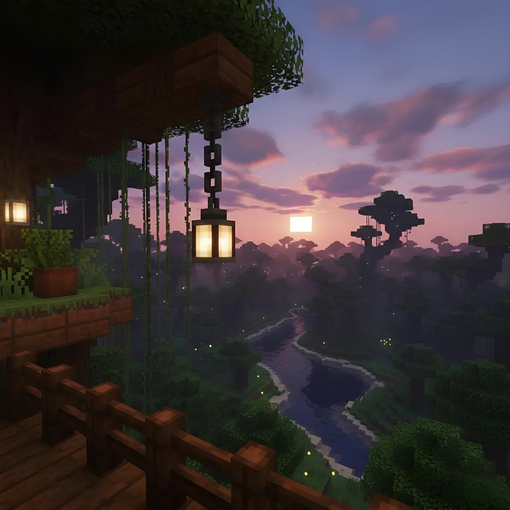 Minecraft-style treehouse with a sunset over a forest