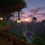 Minecraft-style treehouse with a sunset over a forest
