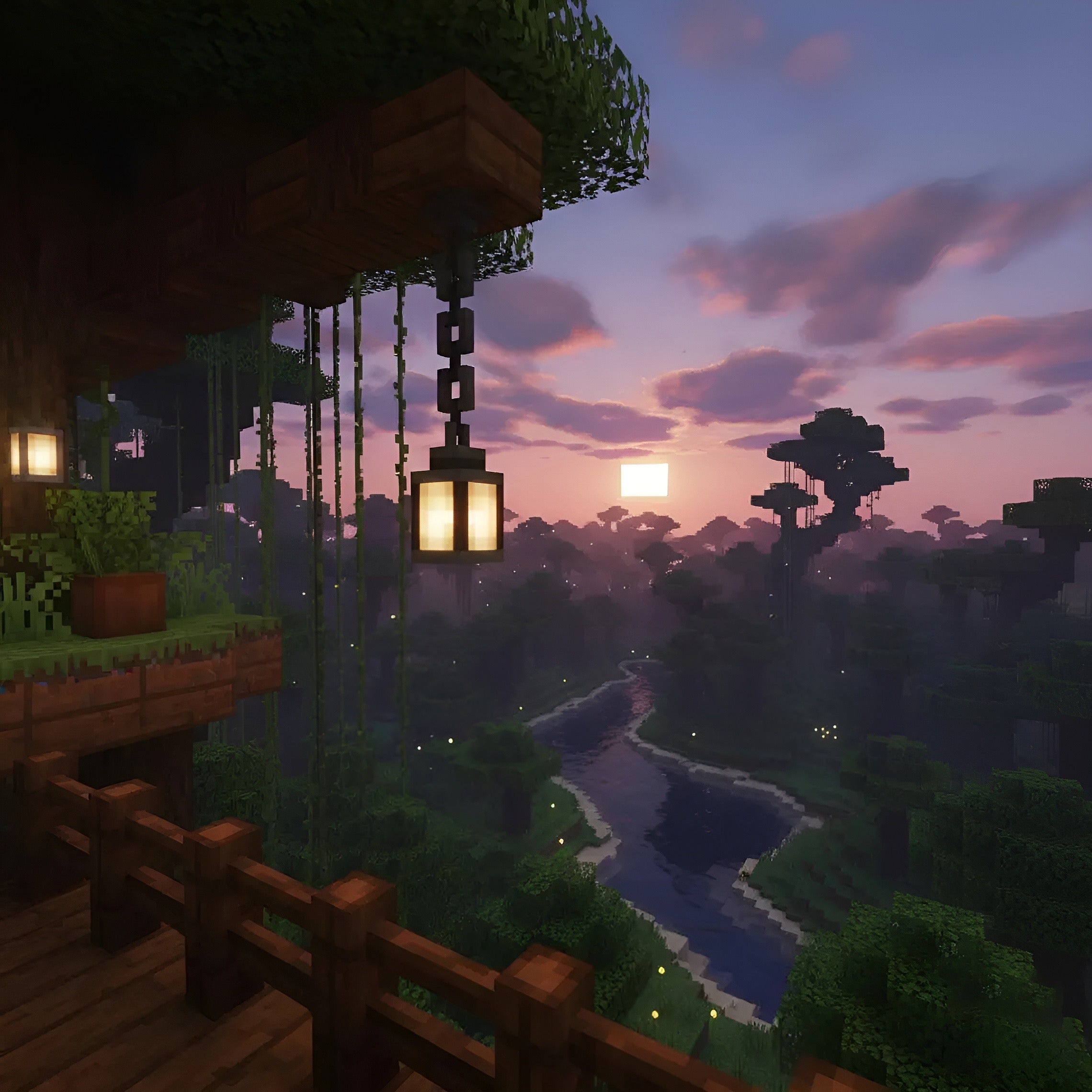 Minecraft-style treehouse with a sunset over a forest