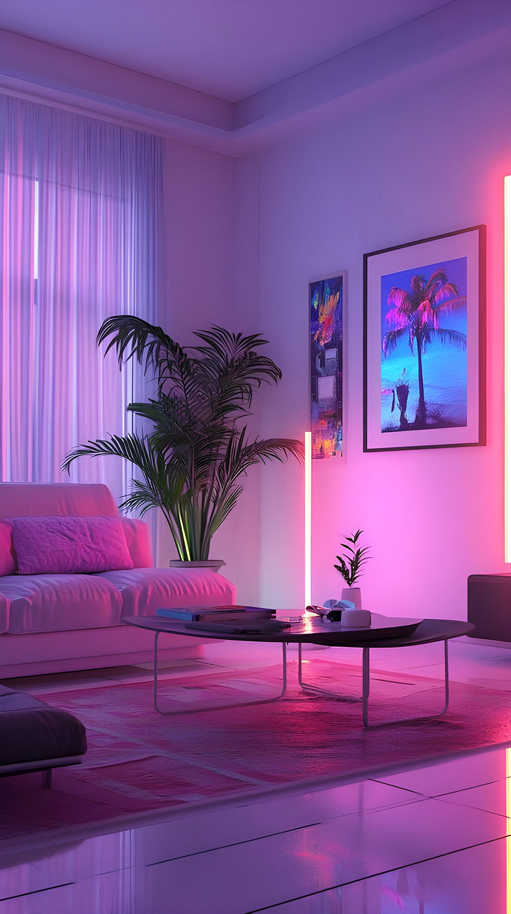 Modern living room with pink and purple lighting, featuring a sofa, coffee table, and decorative plants.