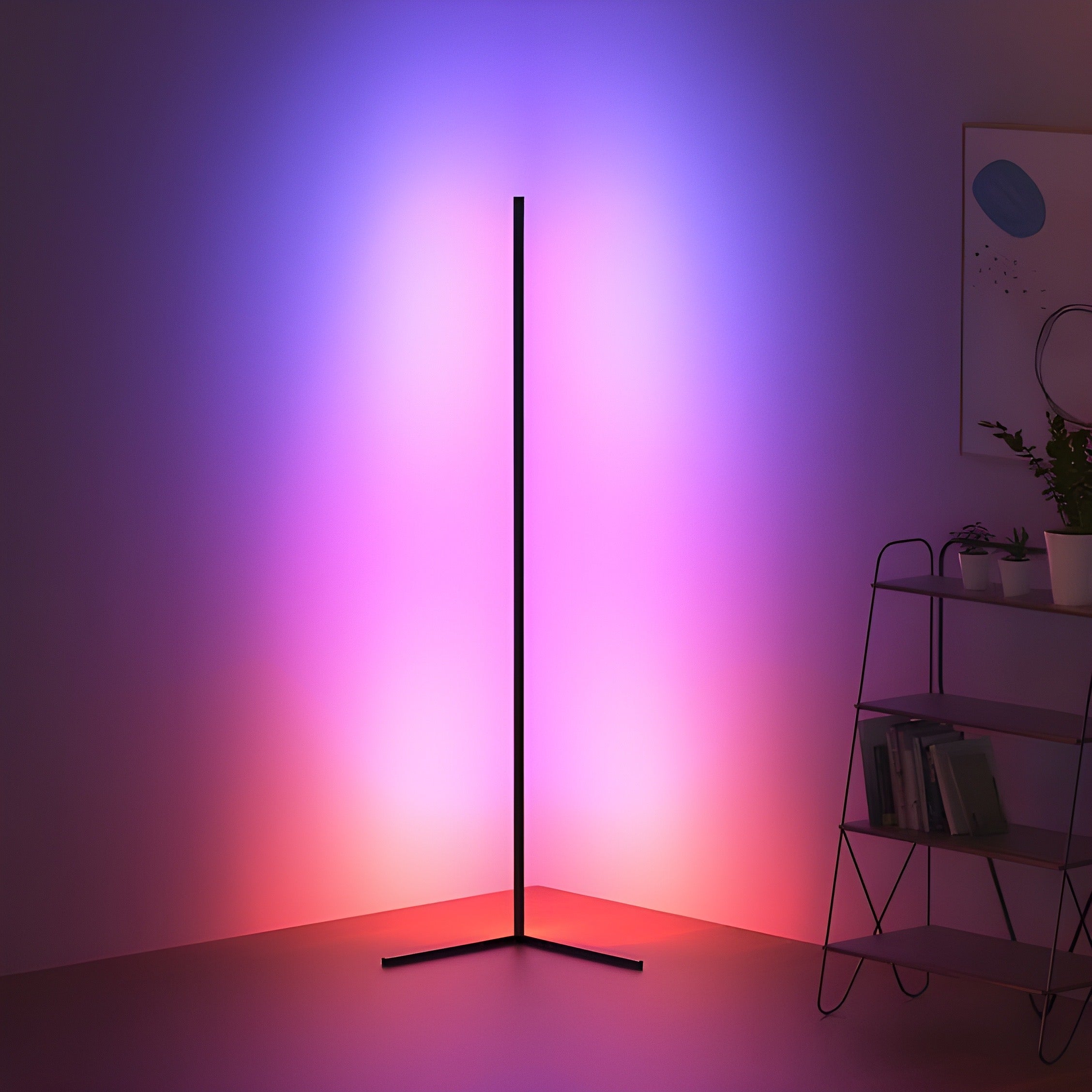 Modern floor lamp with RGB lighting in a room setting