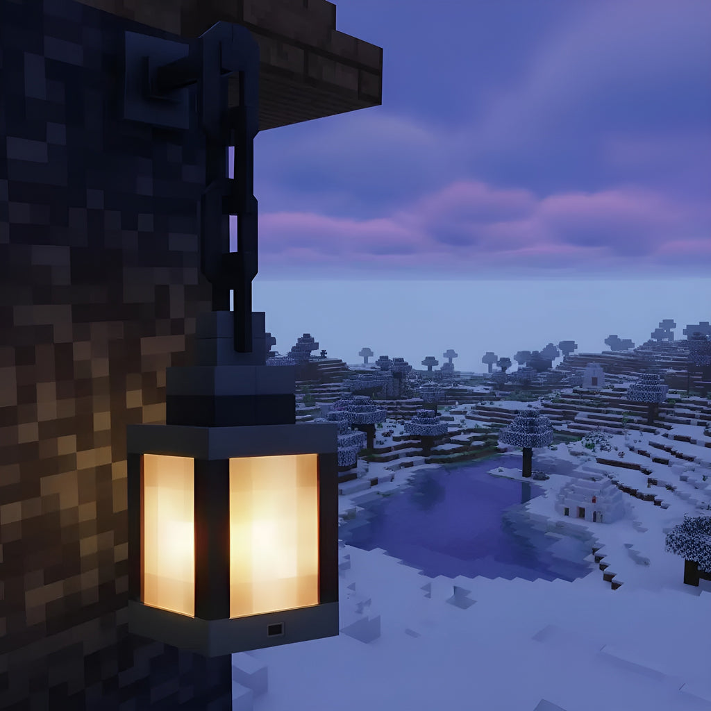 Minecraft-style lantern on a wall with a snowy landscape and lake in the background