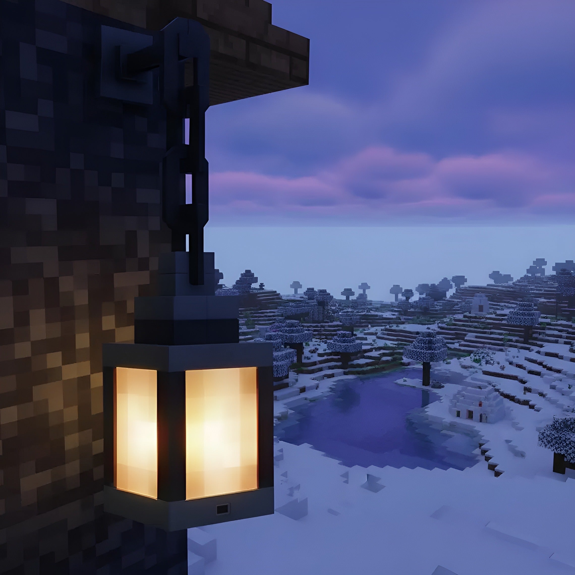 Minecraft-style lantern on a wall with a snowy landscape and lake in the background
