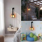Collage of wall sconces in various settings including a bedroom, outdoor area, and children's room.