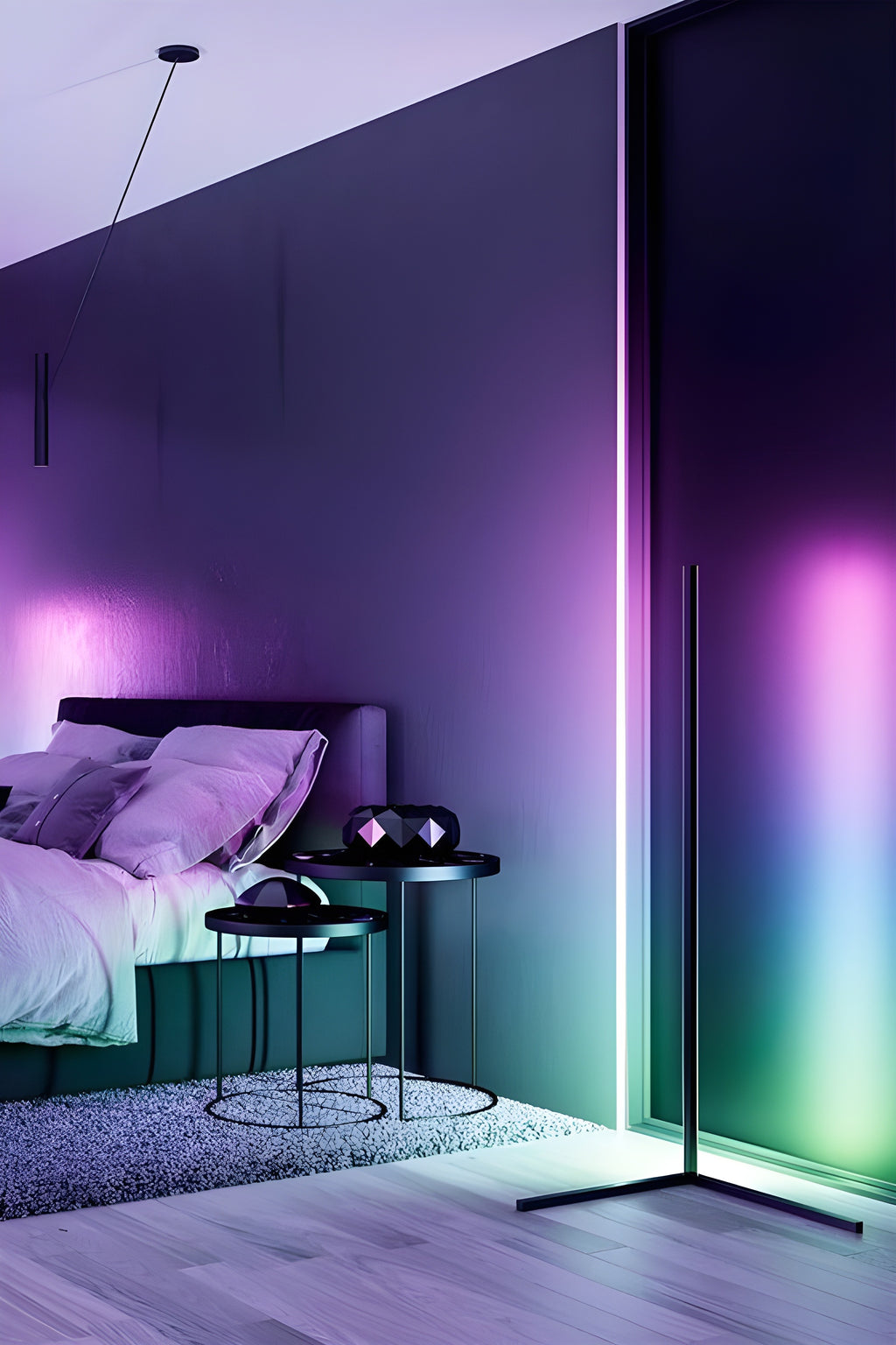 Modern bedroom with a large floor-standing lamp casting colorful light.